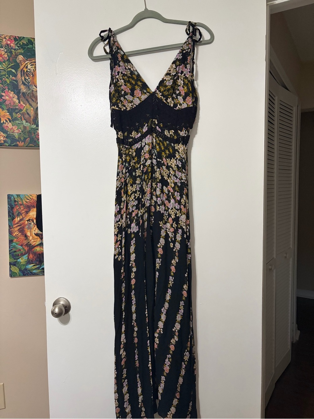 Free People Black Floral Maxi Dress with Tie Straps